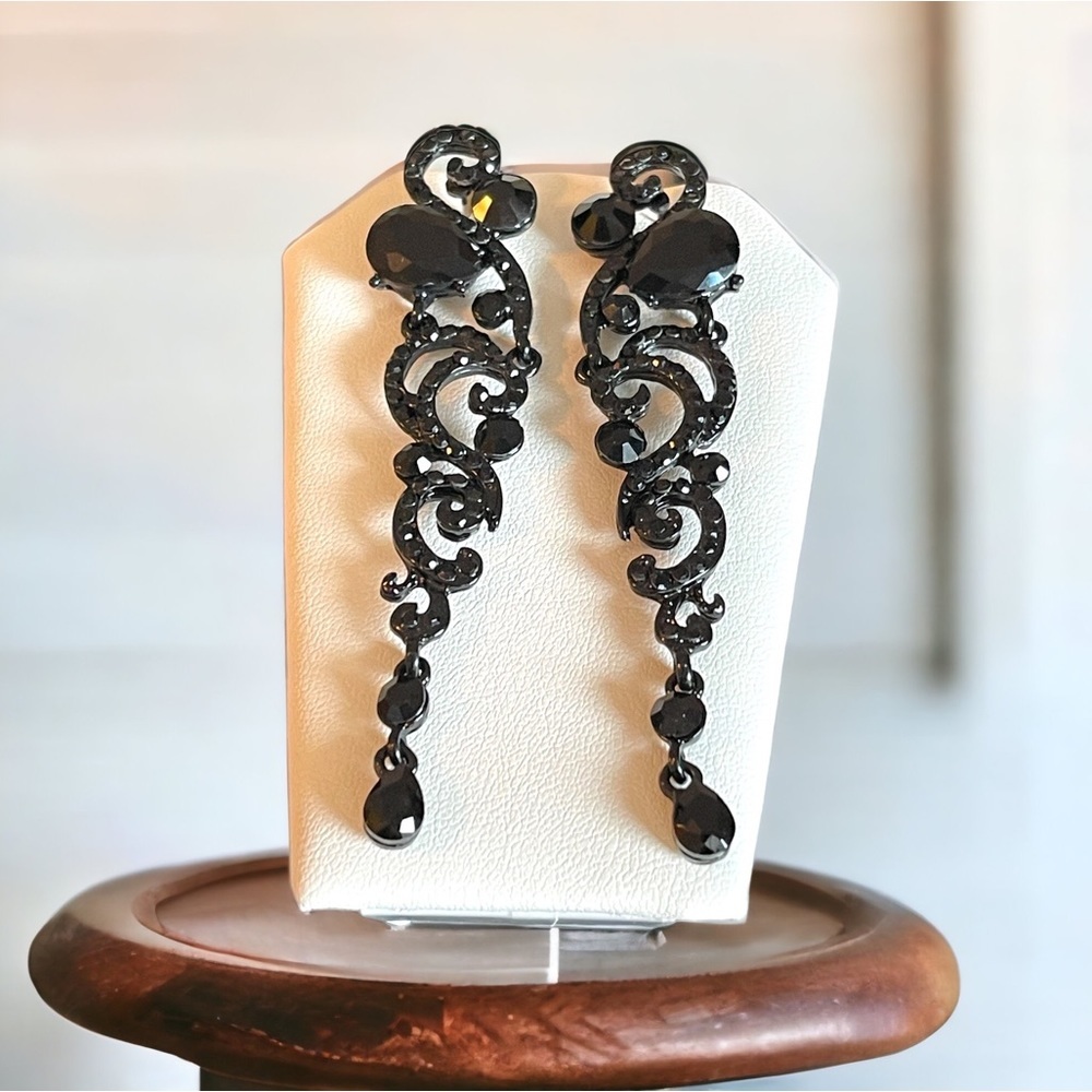 Black Earrings Long Dangle Black Bridal Jewelry Black Statement Earrings